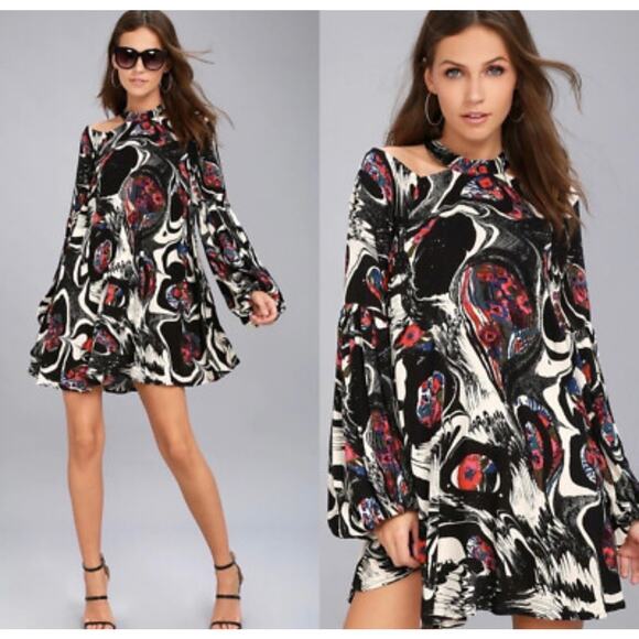 Free People Drift Away Halter Neck Cold Shoulder Tunic Dress Black White Print S - Picture 1 of 4
